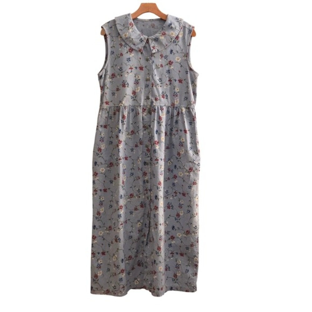 Vintage Y2K Ditsy Floral Peter Pan Button Front Midi Dress Cottage Granny Sz M-L